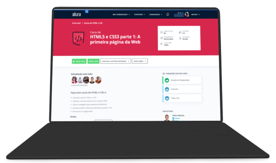 Notebook com a tela no curso de HTML e CSS da Alura